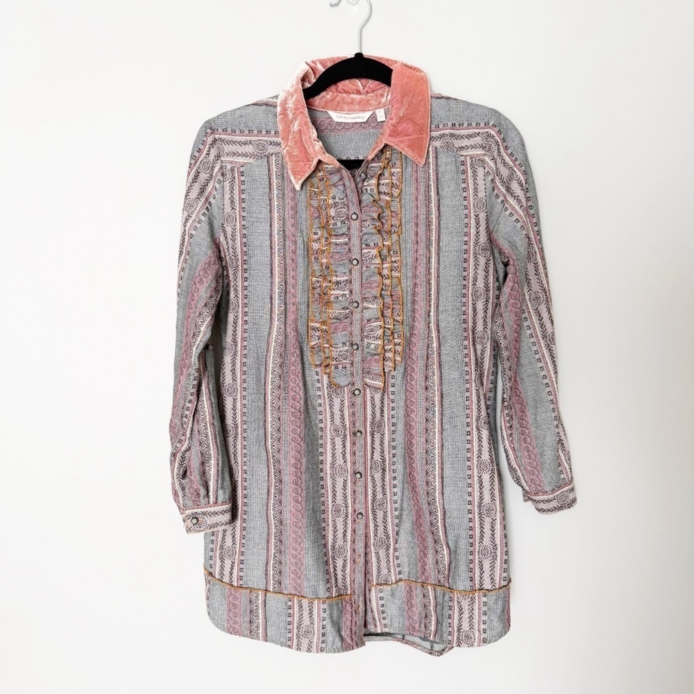 Soft Surroundings Blouse Button Down Shirt Boho Floral sheer back Elena topper - Picture 2 of 7